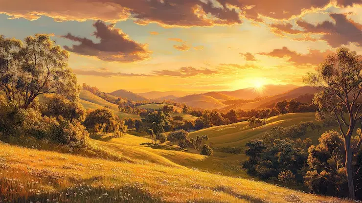Calm sunrise illustration with rolling hills